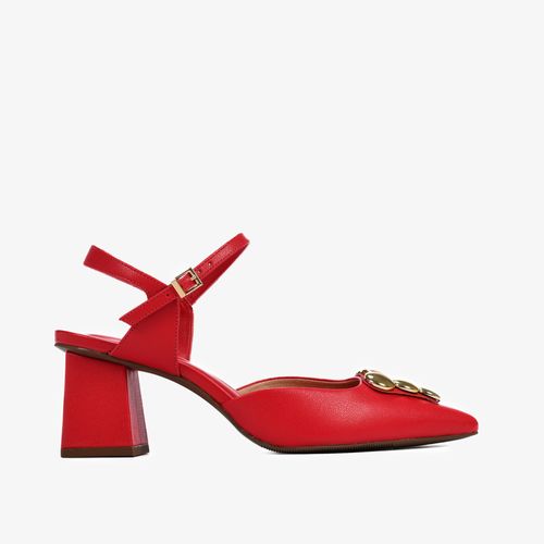 Slingback Vermelho Tachas Salto Bloco Médio Couro