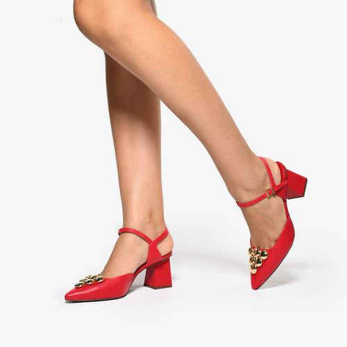 Slingback Vermelho Tachas Salto Bloco Médio Couro