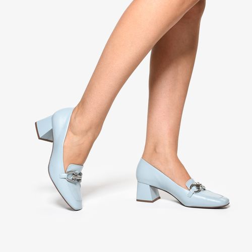 Scarpin Serenity Azul Salto Bloco Médio Couro