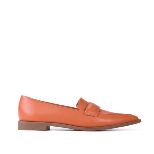 Loafer Laranja Salto Baixo Bico Fino Couro