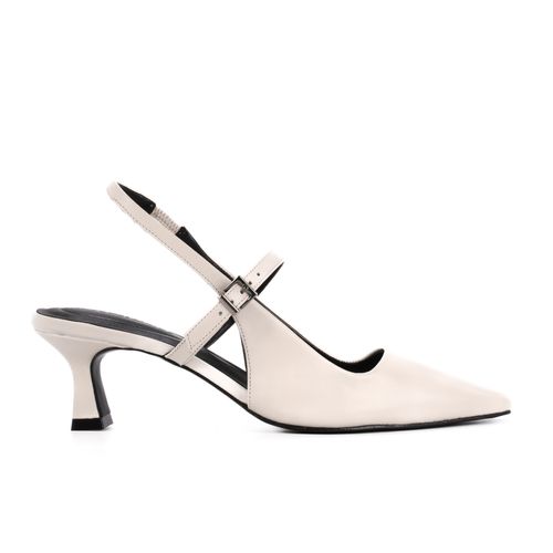 Slingback Off White Tira Salto Médio Couro