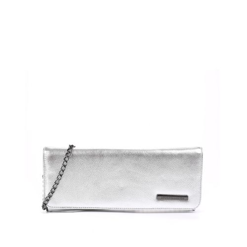 Clutch Metalizado Prata Alça Metal Grafite Couro