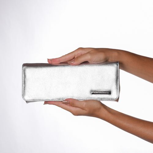 Clutch Metalizado Prata Alça Metal Grafite Couro