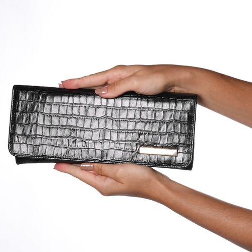 Clutch Preta Alça Metal Dourada Couro