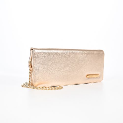 Clutch Metalizado Dourado Alça Metal Couro