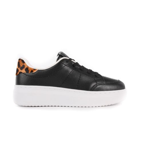 Tênis Flatform Preto Animal Print Couro
