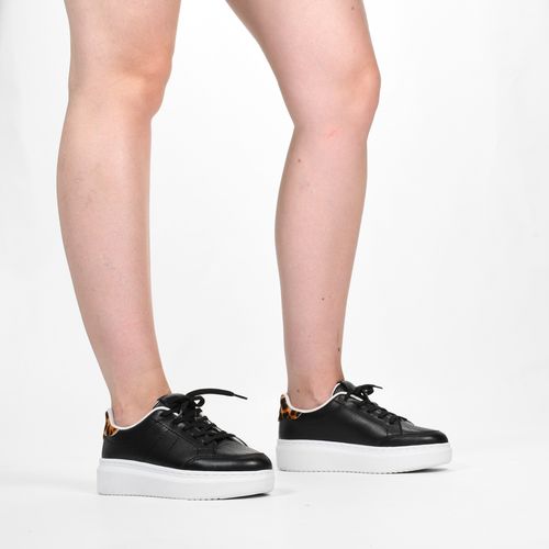 Tênis Flatform Preto Animal Print Couro