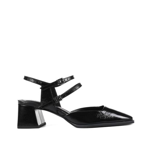 Slingback Preto Salto Bloco Couro Brilhoso