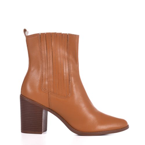 Bota Caramelo Cano Curto Salto Bloco Couro