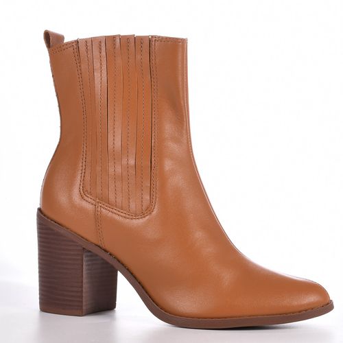 Bota Caramelo Cano Curto Salto Bloco Couro