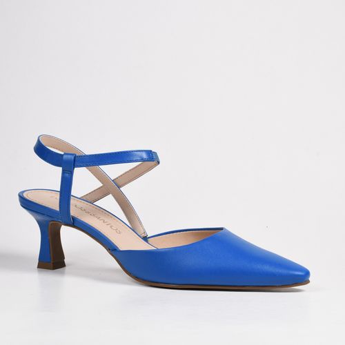 Slingback Azul Salto Baixo Couro