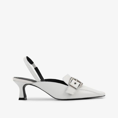 Slingback Branco Salto Bloco Baixo Couro