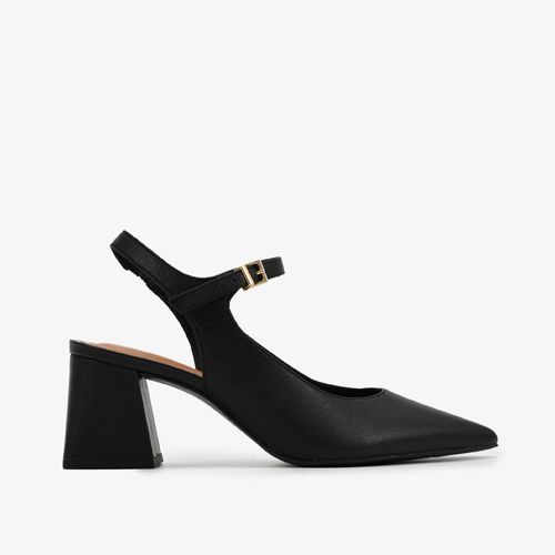 Slingback Preto Salto Médio Bloco Couro