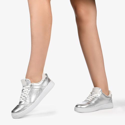 Tênis Prata Branco Couro Metalizado