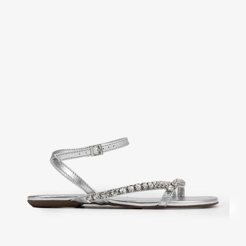 Rasteira Prata Tiras Pedrarias Couro Metalizado