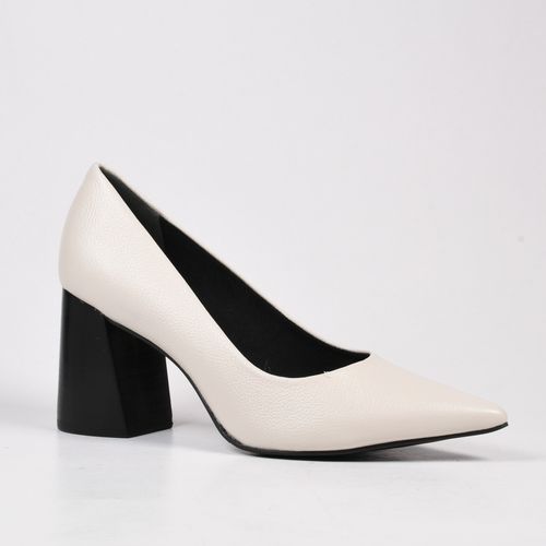 Scarpin Branco Salto Bloco Couro