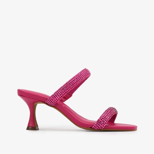 Tamanco Rosa Tiras Salto Fino Médio Strass Camurça