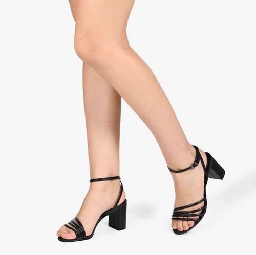 Sandália Preto Tiras Salto Bloco Médio Couro