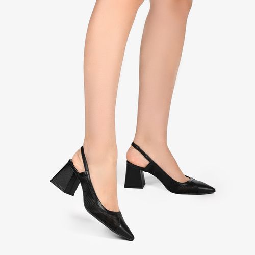 Slingback Preto Tecido Mesh Couro
