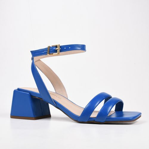 Sandália Azul Salto Bloco Couro