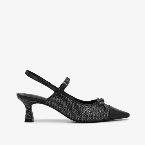 Slingback Preto Salto Fino Bico Fino Tecido