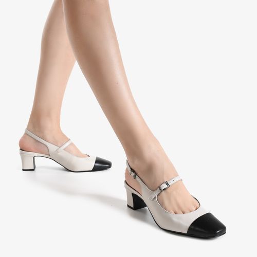 Slingback Off White Salto Médio Bloco Couro