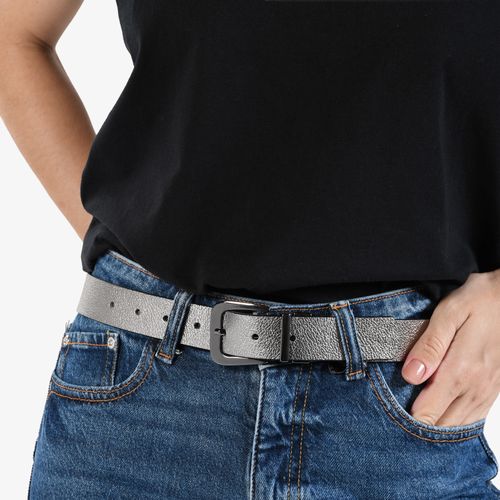 Cinto Preto Prata Metalizado Reversível Couro