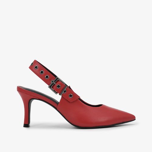 Slingback Vermelho Scarlet Salto Fino Bico Fino Couro