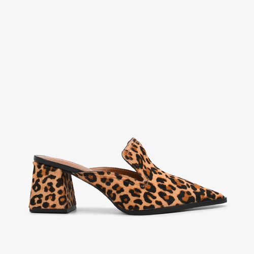 Mule Animal Print Leopardo Salto Médio Bloco Couro