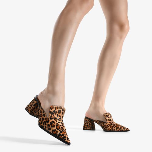 Mule Animal Print Leopardo Salto Médio Bloco Couro