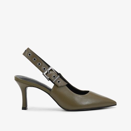 Slingback Verde Dark Green Salto Fino Bico Fino Couro