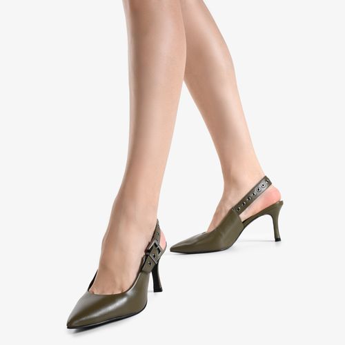 Slingback Verde Dark Green Salto Fino Bico Fino Couro