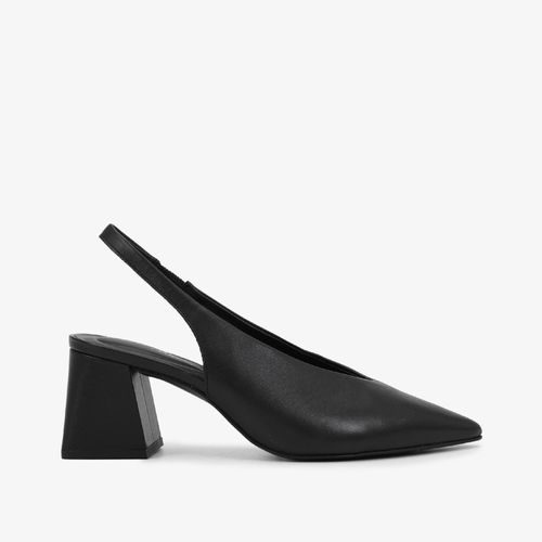 Slingback Preto Tira Salto Bloco Médio Couro