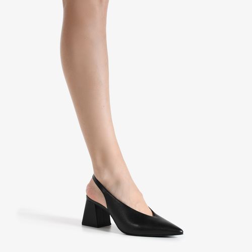 Slingback Preto Tira Salto Bloco Médio Couro