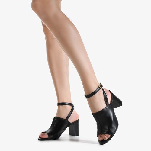 Sandália Preto Salto Médio Bloco Couro