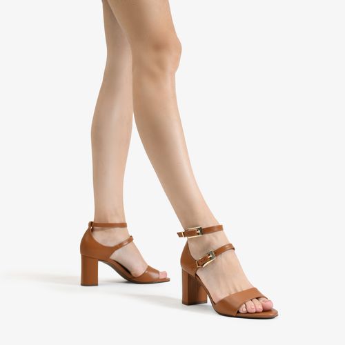 Sandália Caramelo Mocca Salto Bloco Médio Couro