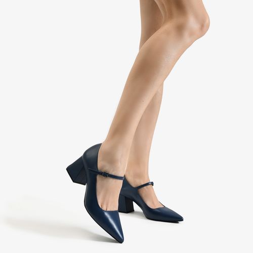 Scarpin Azul Salto Bloco Médio Couro
