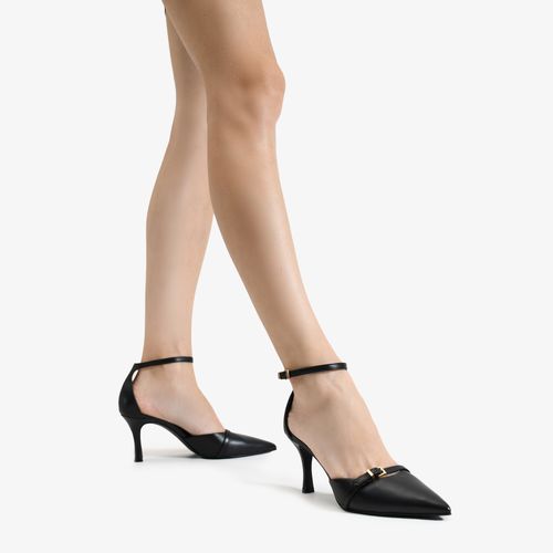 Scarpin Preto Tira Salto Fino Médio Couro