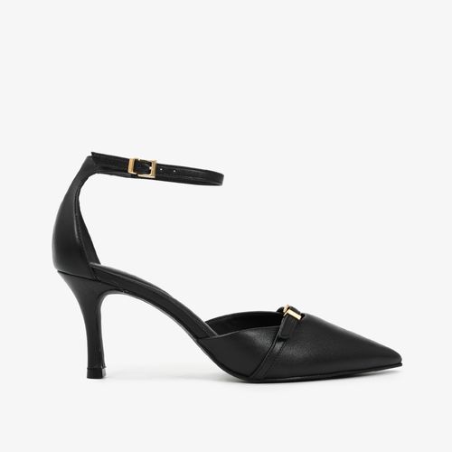 Scarpin Preto Tira Salto Fino Médio Couro