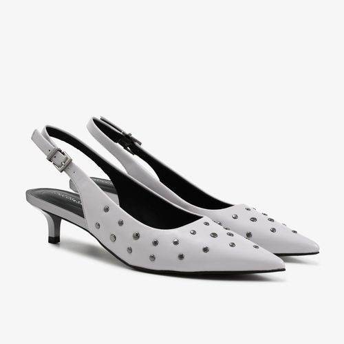 Slingback Cinza Stone Salto Fino Baixo Couro