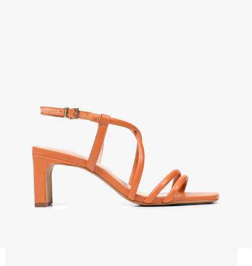 Sandália Laranja Tiras Salto Bloco Médio Couro