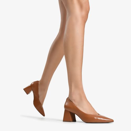 Scarpin Caramelo Salto Bloco Médio Couro