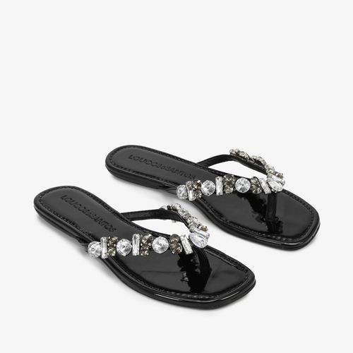 Sandália Rasteira Preta Pedras Verniz