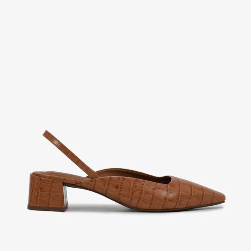 Slingback Caramelo Salto Bloco Baixo Croco Couro