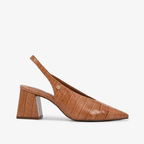 Slingback Caramelo Salto Bloco Médio Croco Couro