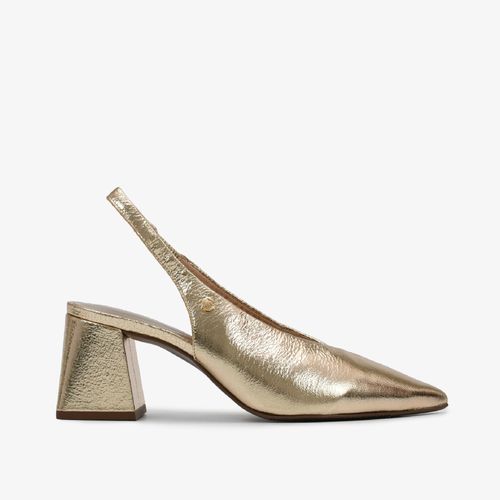 Slingback Dourado Metalizado Salto Bloco Médio Couro