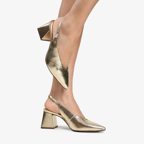 Slingback Dourado Metalizado Salto Bloco Médio Couro