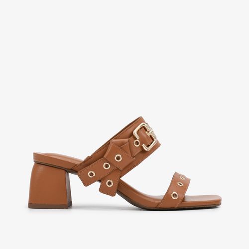 Tamanco Caramelo Salto Bloco Médio Couro