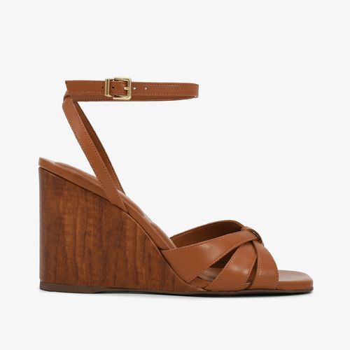 Sandália Caramelo Salto Anabela Alto Tiras Couro