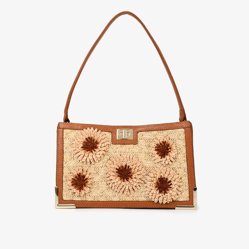 Bolsa Clutch Flores Ráfia Marrom Couro